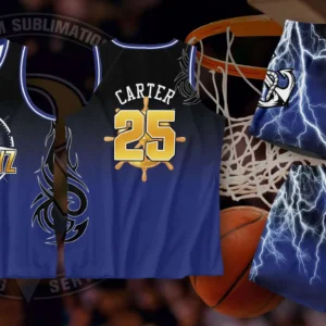 A black and blue gradient basketball jersey featuring "SADBOYZ" and the number "25" on the front, and "CARTER" above the number "25" on the back. The set includes matching shorts with a lightning bolt design. A basketball hoop and ball are in the background, suggesting a basketball context.