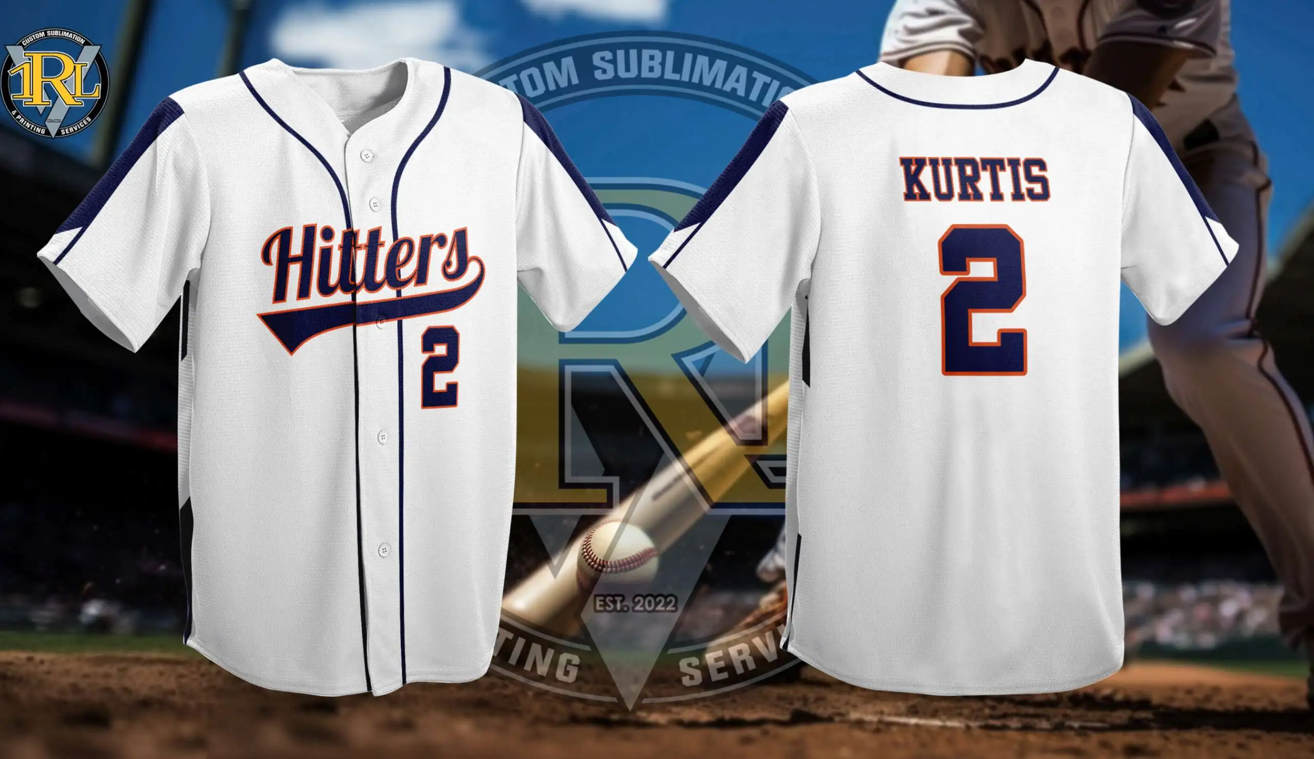 A white baseball jersey with navy blue accents. The front features "Hitters" in an orange script font with the number "2" below, and the back displays "KURTIS" above the number "2". The jersey is designed for sublimation printing, with a baseball field and bat in the blurred background.