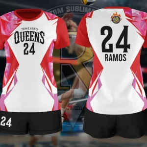 A pink and white volleyball jersey with black shorts. The front of the jersey has "TENEJERO QUEENS" and the number "24". The back displays "RAMOS" above the number "24". A volleyball player is in the blurred background, hinting at the sport.