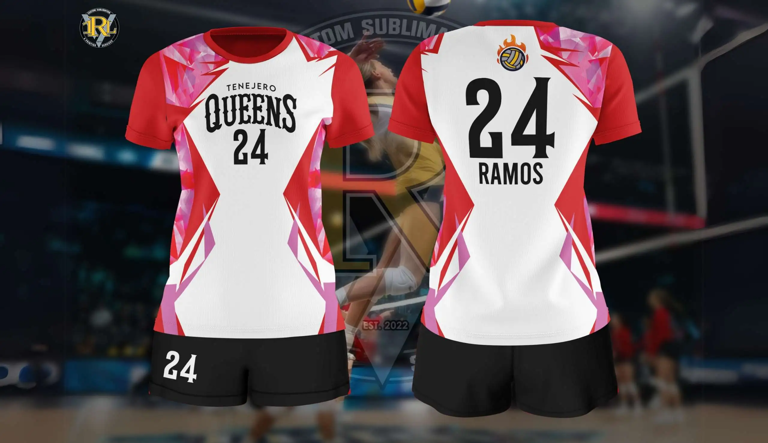 A pink and white volleyball jersey with black shorts. The front of the jersey has "TENEJERO QUEENS" and the number "24". The back displays "RAMOS" above the number "24". A volleyball player is in the blurred background, hinting at the sport.