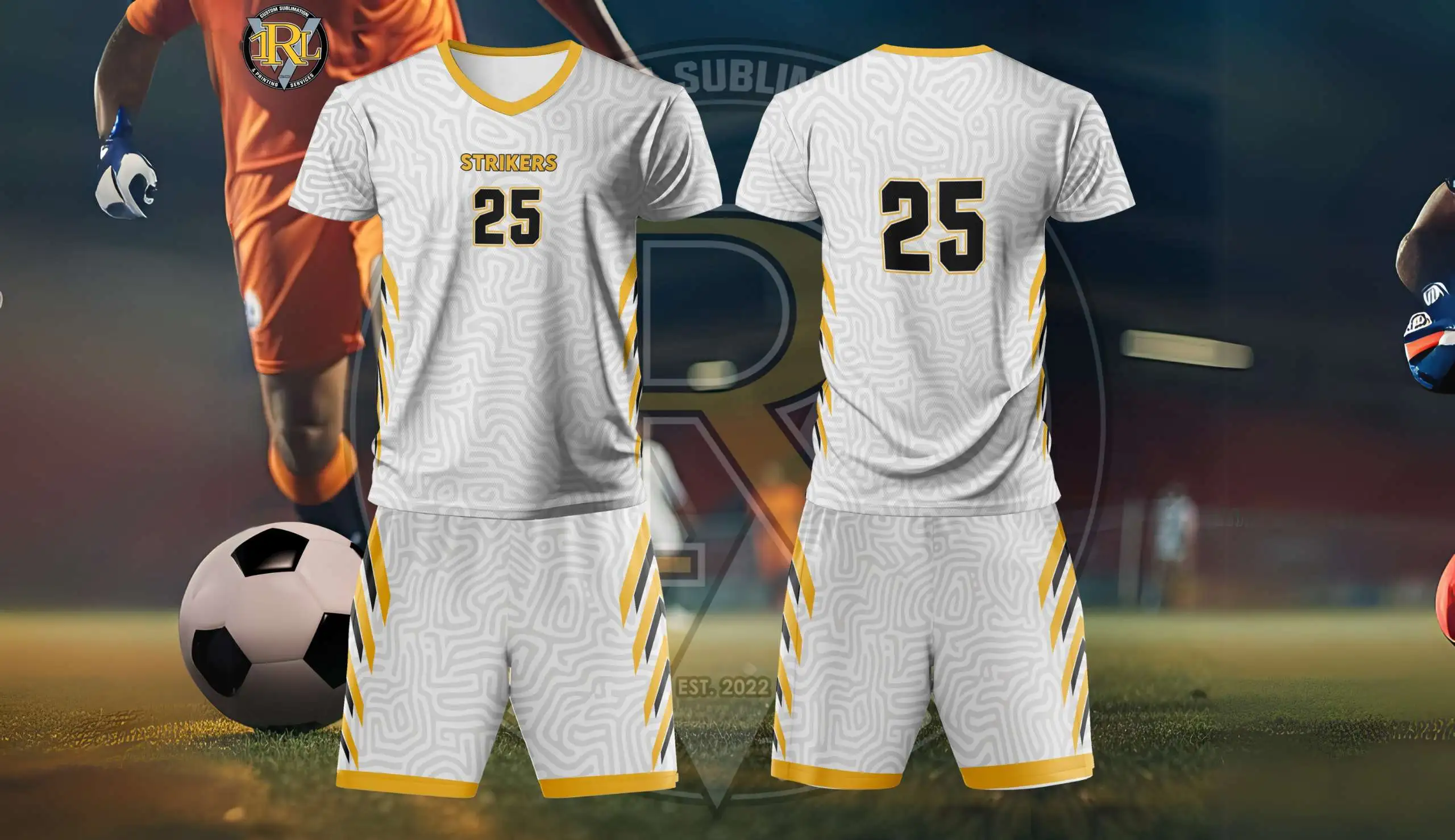 A white and gold soccer jersey set with "STRIKERS" and the number "25" on the front, and "25" on the back. The jersey has a subtle pattern, and the set includes matching shorts. In the background, a partial view of a soccer player and a soccer ball are visible, along with the "Regar Sport Indonesia" logo.
